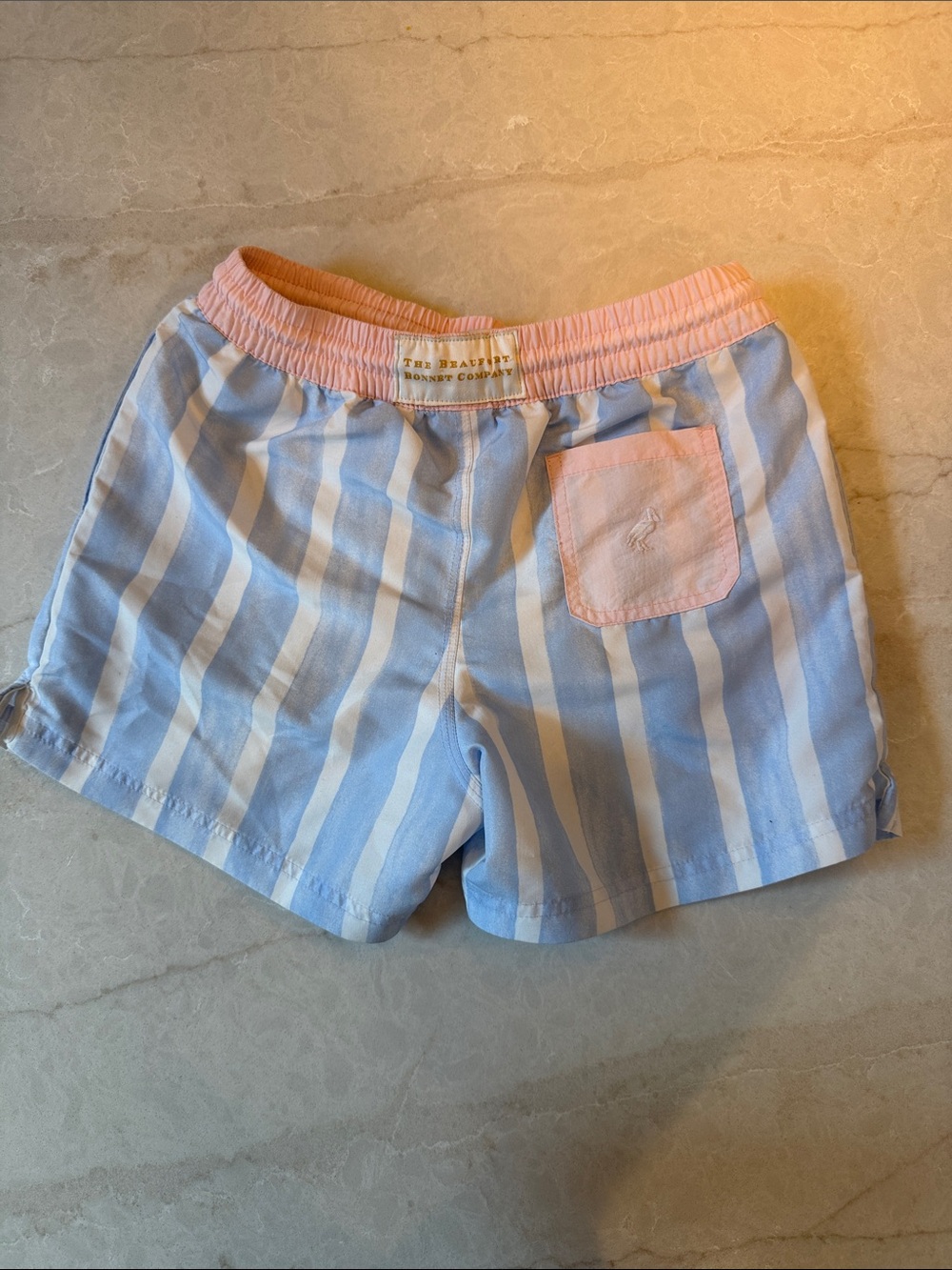 TBBC Striped Blue & White swim trunks with Pink Waistband